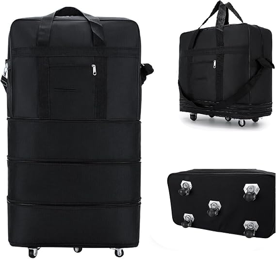 32 Inch Expandable Foldable Suitcase with 5 Wheels, Lightweight Rolling Travel Bag Duffel Bag, Collapsible Luggage with Handle for Men Women, Black