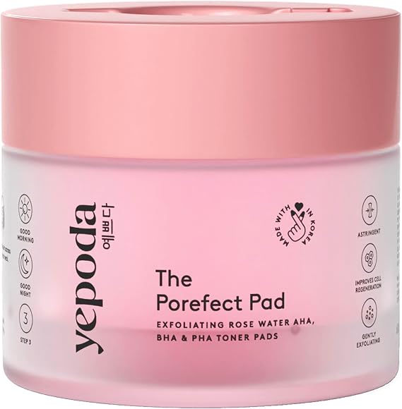 Yepoda The Porefect Pad, Exfoliating Rose Water AHA, BHA & PHA Toner Pads, Gently exfoliating & Pore Refining, Vegan Korean Toner-Pads for All Skin Types, 60 pcs / 120 ml