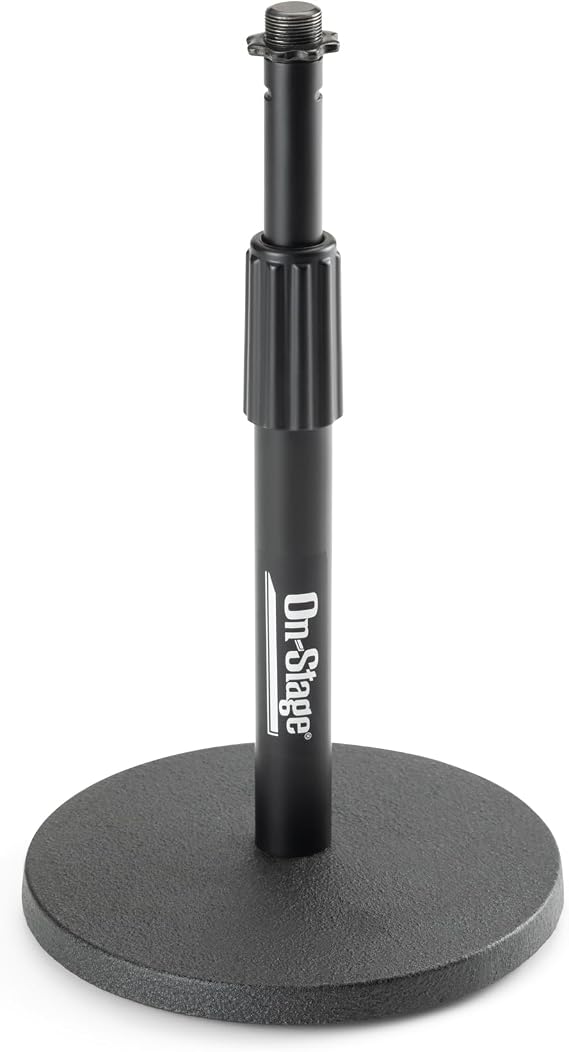 On-Stage DS7200B Adjustable Desktop Mic Stand (for Recording, Streaming, Podcasting, Bass, Drums&Amps, Adjustable Height, Round Weighted Base, 5/8-27 Threading, Metal, Black)