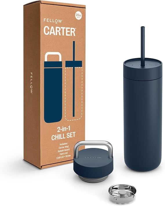Fellow Carter Insulated Water Bottle 20 oz with Straw for Travel, 2 Lids | Ceramic Lined, No Metallic Taste, Dishwasher Safe, Leak-Proof, BPA-Free, Cold 24Hr Hot 12Hr, Fits Cup Holders, Stone Blue