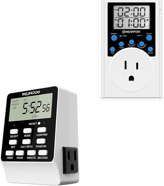 Outlet Timer, NEARPOW Dual Digital Light Timer with 2 Independently-Controlled Outlets, Timed Programs, 24-Hour and 7-Day Programmable,Indoor Heavy Duty Electrical Timer Switch, 3 Prong, 15A/1800W