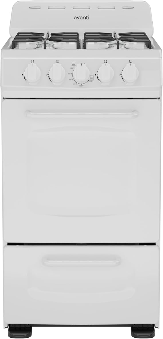 Avanti Gas Range Oven, Compact Freestanding Design, 4 Burners with Electronic Ignition, 2.1 Cu.Ft. Capacity Features Solid Door Storage Drawer Broiler and Accessories, 20-Inch, White