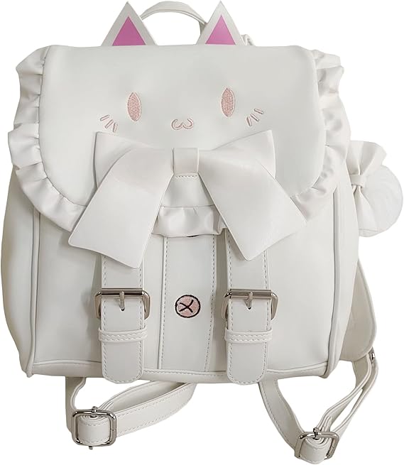 Lolita Backpack for Women Kawaii Cat Embroidery Big Bowknot Sweet Cartoon Bag (White, One_Size)