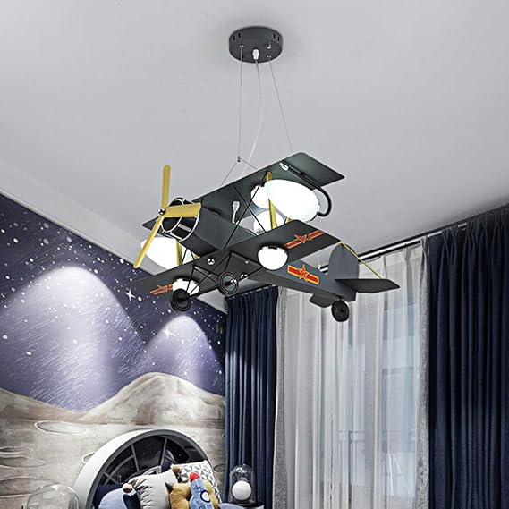 LAKIQ Childrens Room Cartoon Airplane Pendant Light Modern LED Creative Aircraft Hanging Chandelier Ceiling Lighting Fixture for Boys Girls Kids Room Bedroom (Grey)