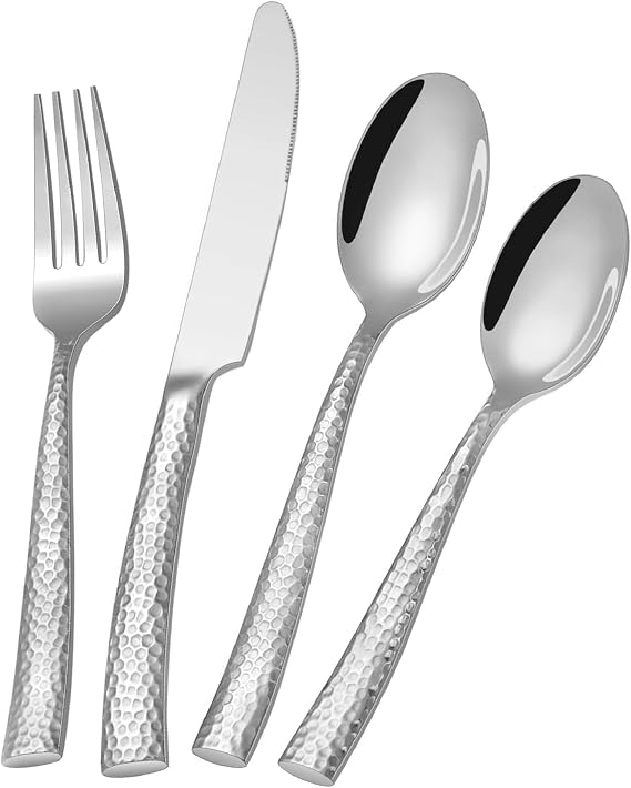 Silver Hammered Silverware Set,24-Piece Stainless Steel Heavy Duty Flatware Set for 6,Food-Grade Tableware Cutlery Set, Mirror Utensil Sets for Home Restaurant