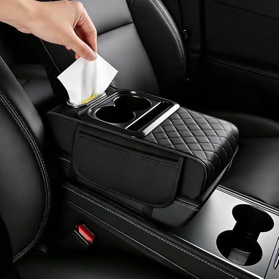 Car Armrest Storage Box,5 in 1 Armrest Box pad with 2 Storage Pockets,Cup Holder,Tissue Box Slot and Phone Holder,Universal Car Interior Organizer