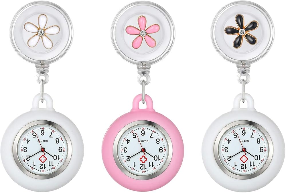 Lots of 3 Retractable Nurse Watch with Second Hand for Nurses Doctors Clip-on Lapel Hanging Nurse Watches Cute Leaves Pattern Silicone Cover Badge Stethoscope Fob Pocket Watch for Women and Men