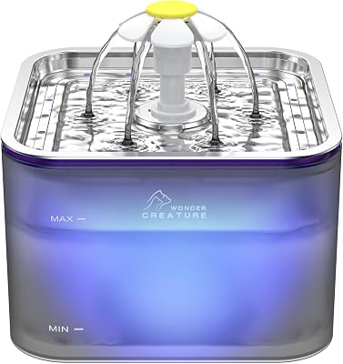 Crystal Cat Water Fountain Stainless Steel, 101oz3L Pet Fountain with LED Light for Cats and Dogs Grey
