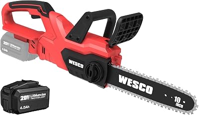 Cordless Chainsaw, WESCO 20V Chainsaw, 10-Inch Bar, 4.0 AH Battery and Charger Included, Tool-Free Chain Tensioning, Auto Chain Lubrication, Battery Power Chain SawsWS8330U