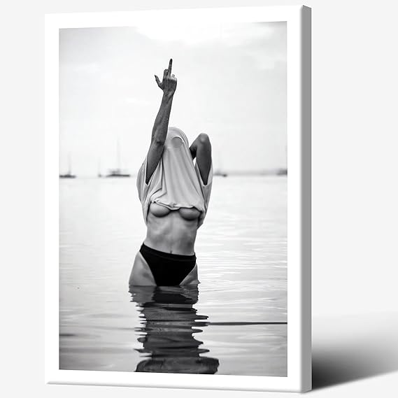 Acqooeakt Vintage Fashion Black and White Wall Art Feminist Women Poster Sexy Woman in The Lake Feminist Middle Finger Art Print Canvas Girls Room Wall Decor Aesthetics 16x24Inch Famed
