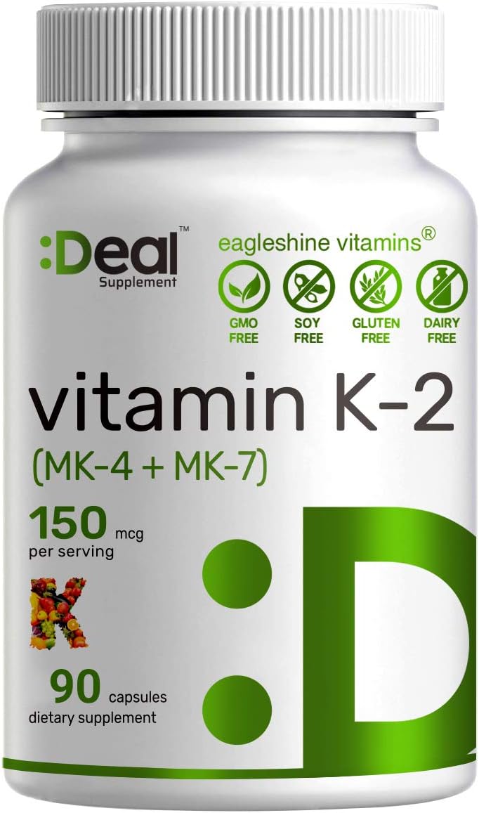 Eagleshine Vitamins Vitamin K2 MK-7 and MK-4, 150 mcg Per Capsule, 6 Months Supply, Supports Bone Health | Cardiovascular Health - Vitamin K2 Supplement 90 Capsules