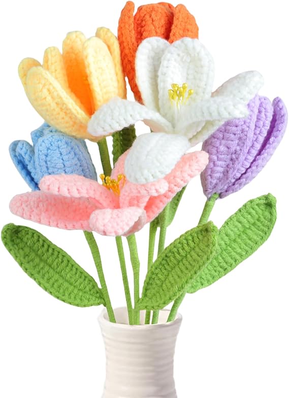 6Pcs Crochet Tulip Flowers Finished Crochet Blooming Tulips Fake Flowers Handmade Knitted Tulip Flowers Colorful Crochet Tulip Flowers Bouquet Gift for Valentine's Mother's Teacher's Day Home Decor