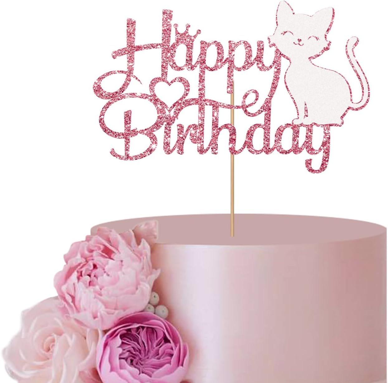 ANNATZQ Pink Cat Cake Topper for Baby Girl Birthday Party Decor, Cat Happy Birthday Cake Topper, Glitter Kitty Birthday Party Decoration Supplies