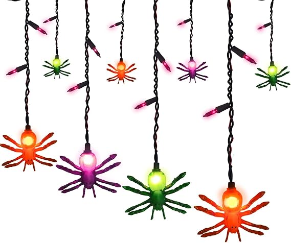 Halloween Spider String Lights with 10PC Spider String Lights Waterproof, 25 LED Purple Halloween Theme Lights for Window Porch Stair Bar Outdoor Indoor Party Decor