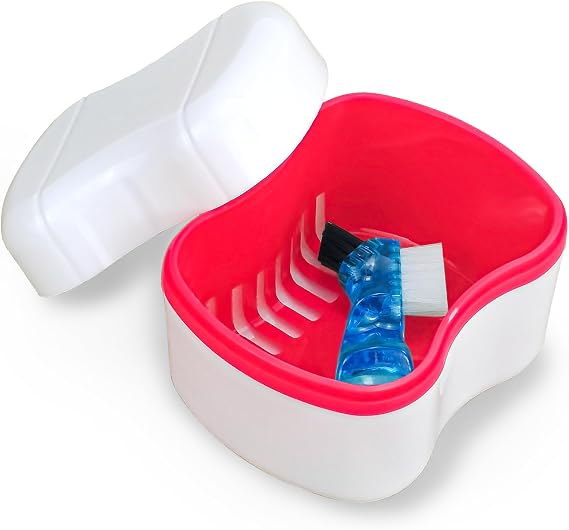 Denture Box Case with Flushable Basket, Dental Retainer Cleaning Case False Teeth Container Box Mouth Guard Holder Case with Brush for Travel and Daily Use - Pink