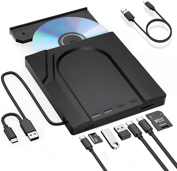 7-in-1 External DVD Drive USB-C/USB 3.0 - Portable Ultra Slim CD/DVD Reader Burner RW Writer for Laptop Desktop MacBook Plug & Play with Windows 11/10/8/7, macOS, Linux