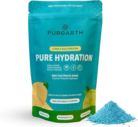 Purearth Electrolyte Hydration Drink – Citrus & Blue Spirulina 180g | Sugar Free Electrolyte Powder with Magnesium & Coconut Water | for Energy, Recovery & Muscle Function | 30 Servings