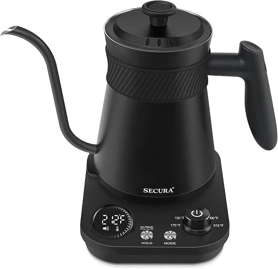 Secura Electric Gooseneck Kettle, 5 Variable Presets for Coffee Tea Brewing, 100% Stainless Steel Inner Tea/Coffee Kettle with 1.5H Keep Warm, 1200 Watt Quick Heating Pot, 0.8L, Matte Black