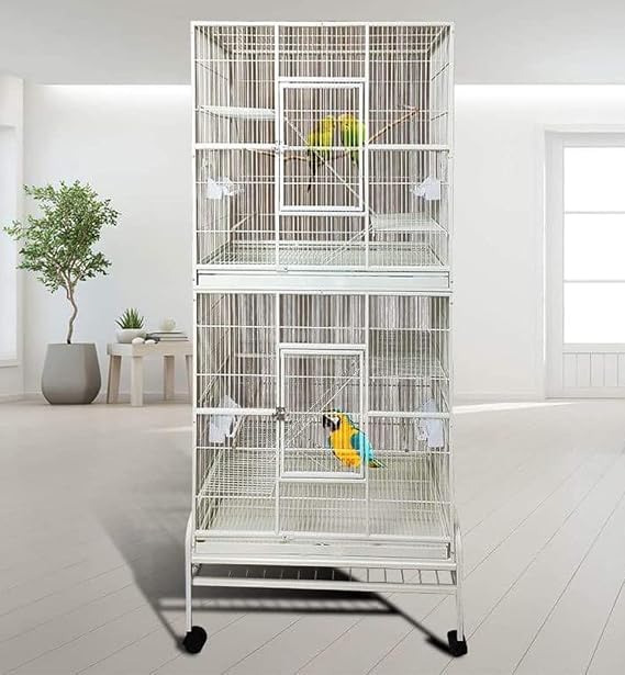 X-Large Double Durable Stackable Two Separate 3-Levels Bird Parrot Cages Side Breeding Nest Box Doors Easy Clean Pull Out Metal Grate and Tray with Detachable Stand on Wheels
