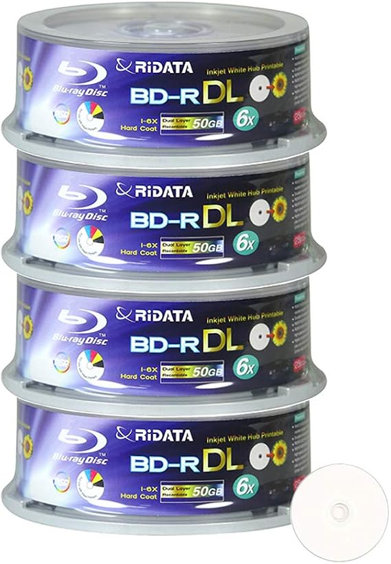 100 Pack Ridata BD-R DL Dual Layer 6X 50GB White Inkjet Hub Printable Disc