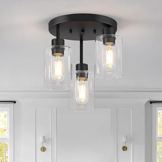 Farmhouse Ceiling Light Fixture, Feanron Black Semi Flush Mount Ceiling Light Fixtures with Clear Glass Shade, Vinatge Ceiling Pendant Lamp for Kitchen Living Room Bedroom [Energy Class E]