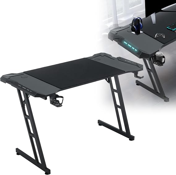 HENGMEI Gaming Table, Gaming Desk, Computer Desk with Cup Holder, Headphone Hook, Z-Frame PC Desk, Gaming Desk for Home, Office, Corner Desk, 140 x 60 cm, Type B with LED