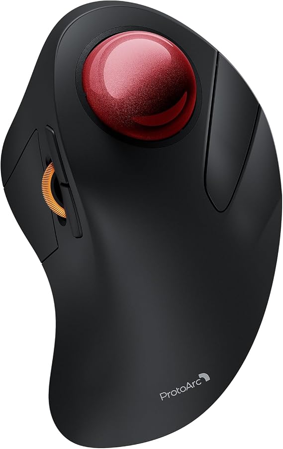 ProtoArc EM03 NL Wireless Bluetooth Trackball Mouse, Finger Control, Red | Index-finger-controlled Design Reduces Wrist Fatigue, Connect 3 Devices Via Bluetooth/2.4G USB-A, 500mAh Rechargeable Battery