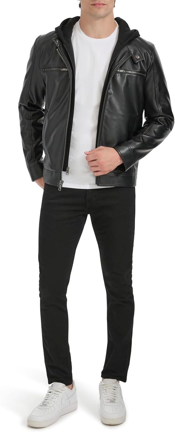 Kenneth Cole New York Men's Faux Leather Moto With Jersey Attached Hood