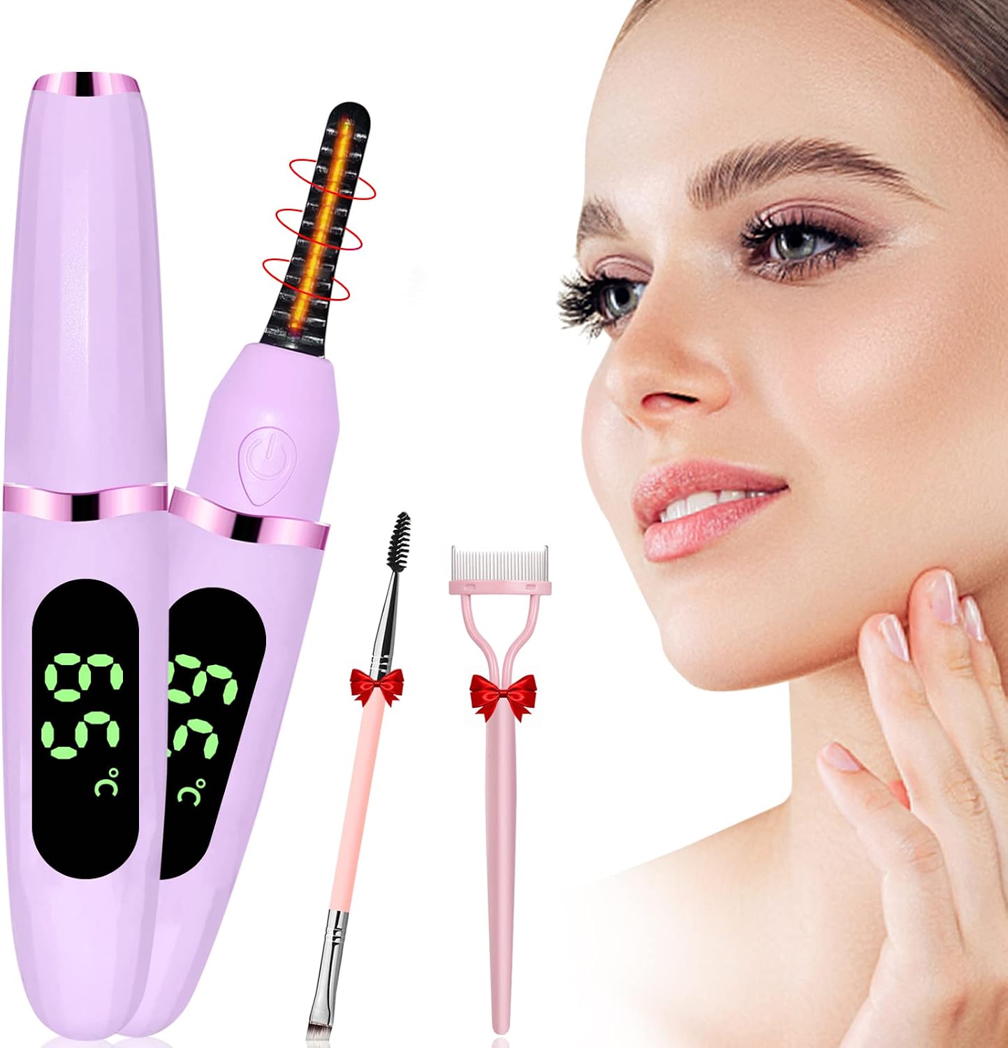 Heated Eyelash Curlers Heated Lash Curler with Comb Electric Eyelash Curler LED Display 3 Temperature Settings with Quick Natural Curling for Women Rechargeable Makeup Tools for 24H Long CS