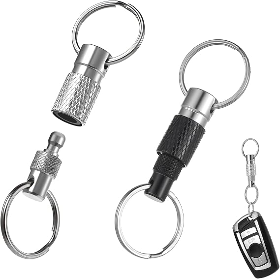 LLOUSSAK Quick Release Keychain for Men, Detachable Keychains Quick Release, Pull Apart Keyring with 2 Split Rings, Metal Safety Keychain for Car Purse Bag Accessories (Black Silver, 2Pack)