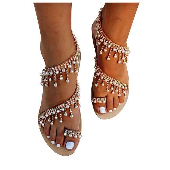 HINDOLA Sandals for Women Thong,Women's Bohemia Bling Rhinestone Pearl Flat Sandals Flat Gladiator Sandals Open Toe Dress Shoes