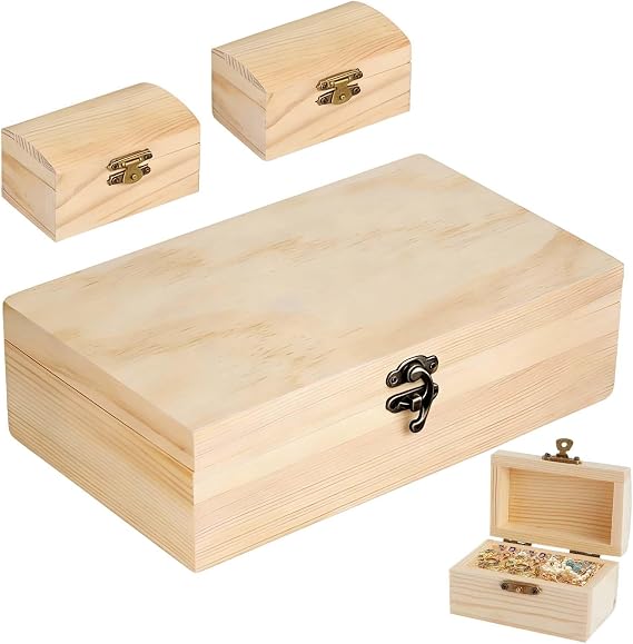 3Pcs Unfinished Wooden Boxes, Wooden Box with Hinged Lid, DIY Craft Storage Organizer Box Pine Wood Small Wood Crate Boxes for DIY Craft Home Table Decoration