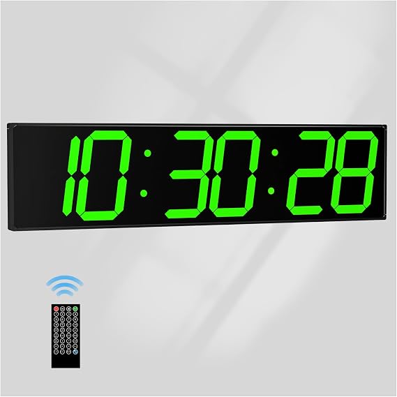 CHKOSDA Digital Wall Clock with Large Display, 28.4LED 6-Digit Large Digital Clock with Adjustable Brightness, Multifunction Gym Clock with Countdown and Stopwatch (Green)