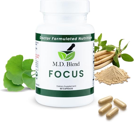 Focus Nootropic Brain Supplement, Boosts Concentration & Mental Clarity, Supports Memory & Calm, with Ginkgo Biloba & Ashwagandha, Daily Health and Wellness, 60 Gluten-Free Capsules