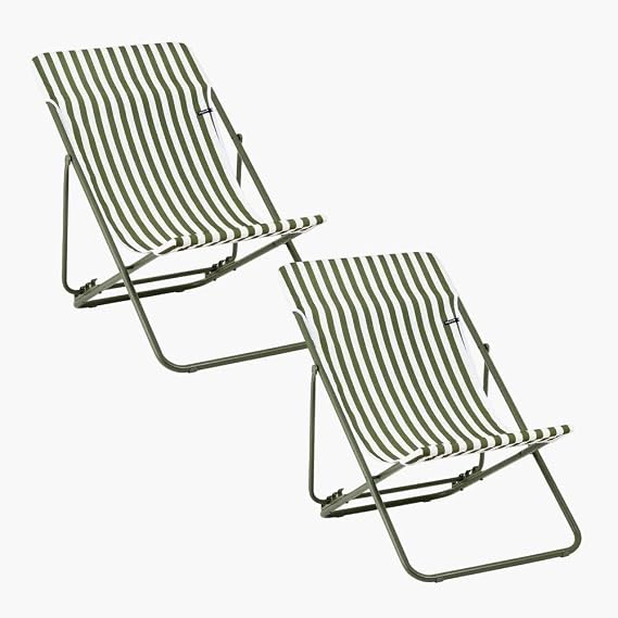 Lafuma - Set of 2 Striped Deckchairs Maxi Transat Airlon Moss - Made in France - LFM5393_A000x2- L.32.7xW.24.4xH.35.8in