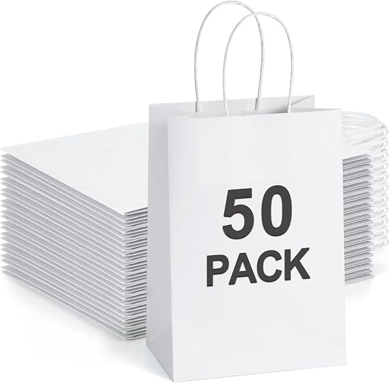 BagDream Small Gift Bags with Handles 5.25x3x8 Inch White 50 Pack Bulk | Kraft Paper, Recyclable, Sturdy Handles, For Gift Giving, Crafts, Party Favors, Valentine's Day, Business Packaging