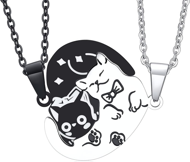 Matching Necklace for Couples, Personalized Yin Yang Pet Cat Pendant Necklace, Boyfriend and Girlfriend Promise Couples Necklaces for Him and Her, Relationship Jewelry Gift for Couples Best Friends