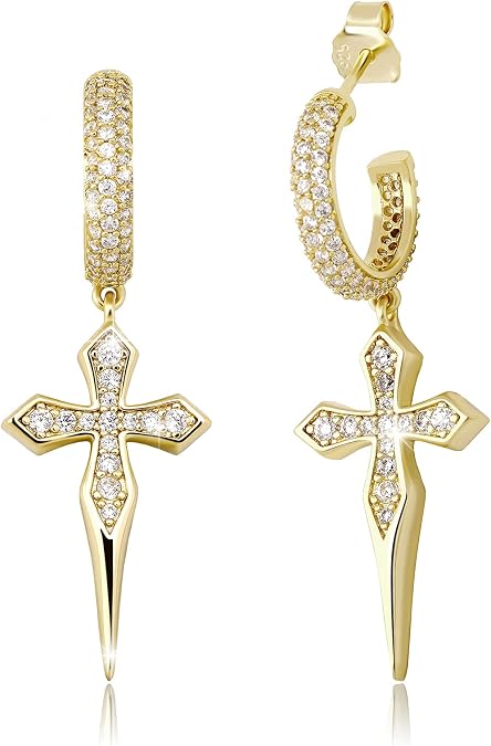 Cross Hoop Dangle Earrings 925 Sterling Silver 5A+ Cubic Zirconia 14K Gold Hypoallergenic Cross Hoop Cuff Huggie Drop Earrings For Men Women