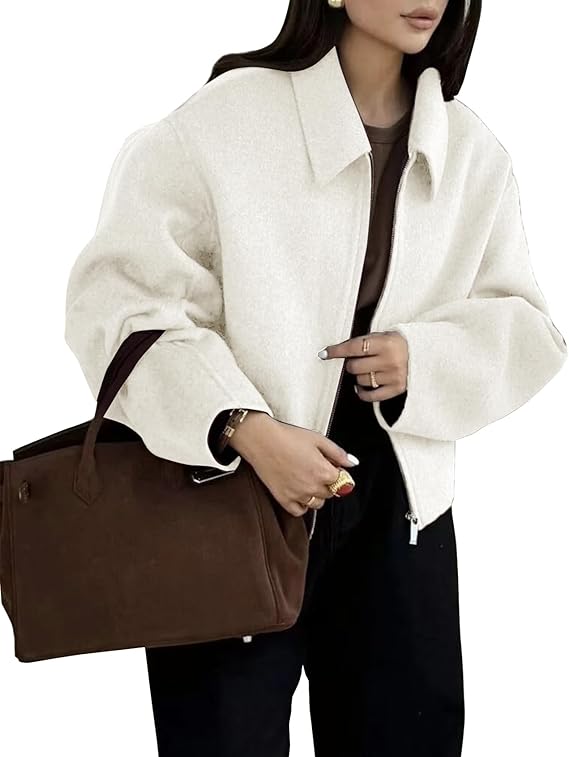 Womens Cropped Wool Jacket Warm Winter Fleece Bomber Jacket Zip Up Short Pea Coats with Pockets