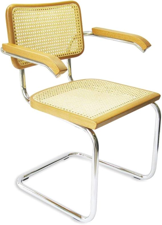 Marcel Breuer Cesca Cane Cantilever Armchair Arm Chair w/Chrome Frame & Honey Oak Wood (Made in Italy)