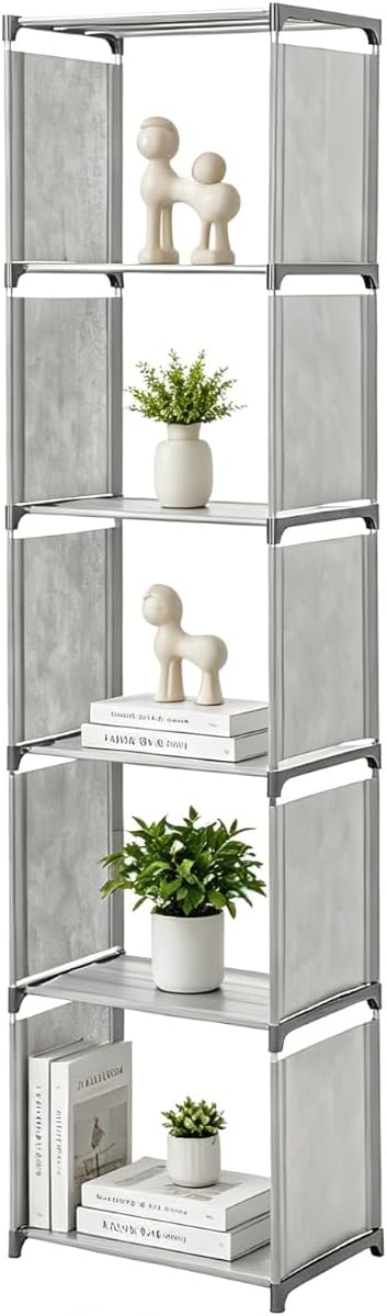 6 Tier 5 Cubes Modern Bookshelf Tall Narrow Bookcase Storage Shelf with Anti-Rust Metal Pipes & ABS Connectors Freestanding Display Unit Organizer for Living Room Bedroom Office Grey