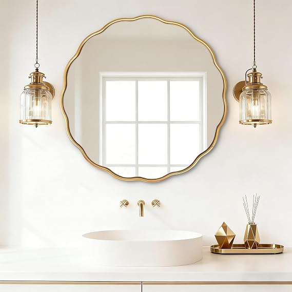 Gold Round Wavy Mirror 30 Inch ,Circle Bathroom Vanity Mirror Mental Frame Decorative Wall Mounted Mirror for Bedroom Living Room