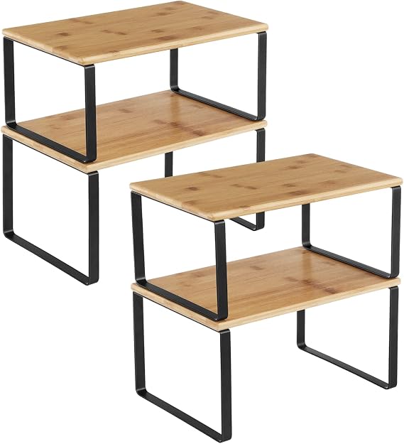 SONGMICS Cabinet Organizer Shelf, Set of 4 Spice Rack, Kitchen Storage | Kitchen Storage, Spice Rack, Steel and Bamboo, Light Bamboo and Matte Black, BYSTRO Collection UKCS10NB
