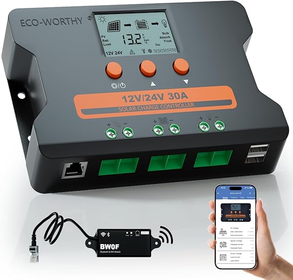 ECO-WORTHY PWM Solar Charge Controller 30A 12/24V with Bluetooth,WiFi | APP Remote Connection, Solar Panel Custom Battery Regulator, Dual USB Port Auto,for FLD/LiFePO4/SLD/GEL RV Solar System