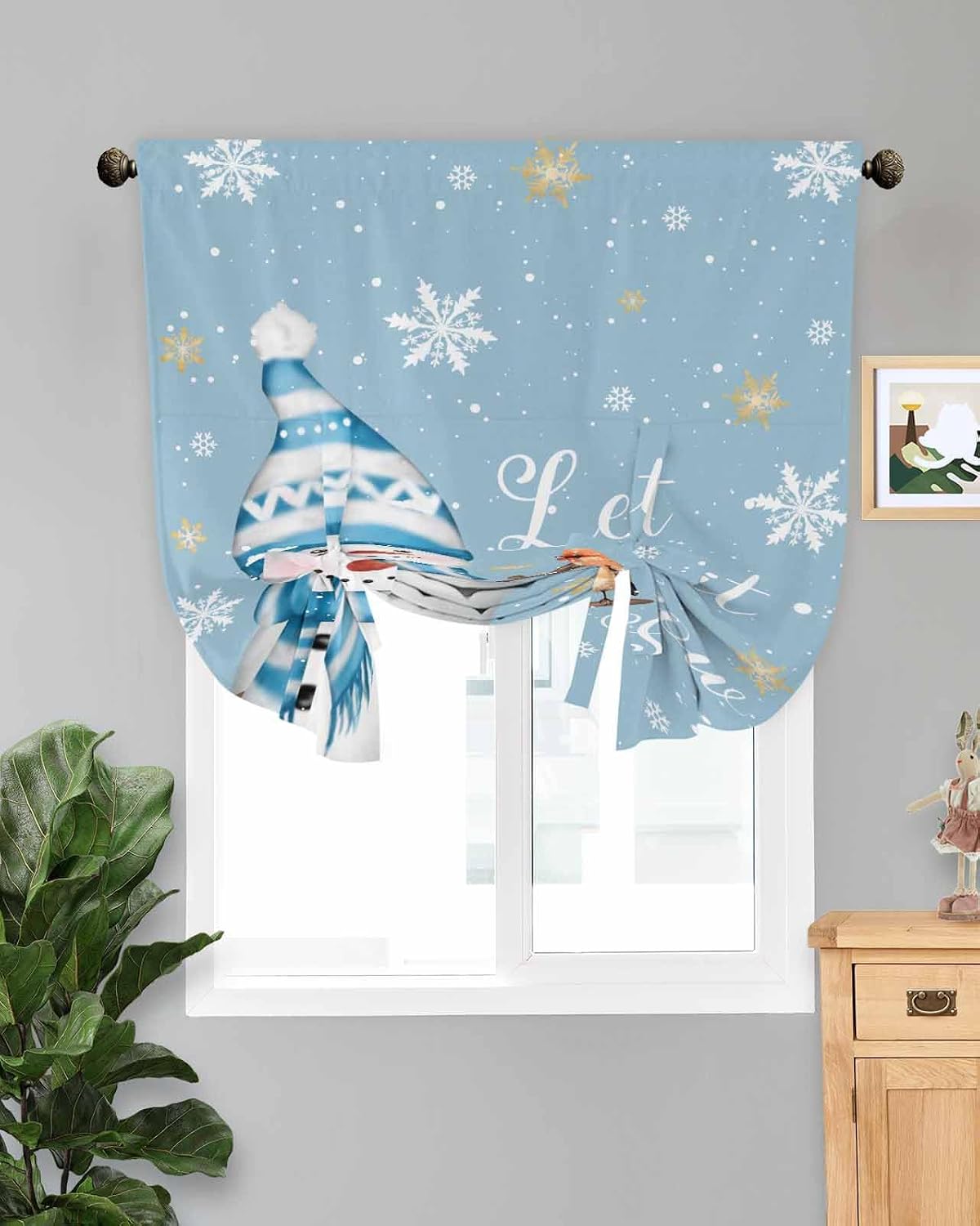 Kitchen Tie Up Curtains for Windows, Blue Christmas Snowman Adjustable Balloon Nature Linen Textured Curtain, Xmas Snowflake Bird Winter Window Valance Balloon Blind for Cafe, 42 x 63 Inches