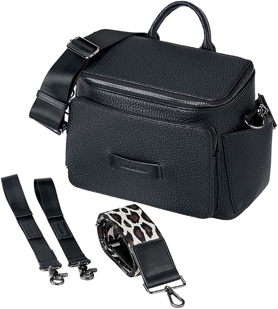 baba bing Cross Body Tumble Leather Changing Bag - Leather Black - Vegan Baby Changing Bags | Convertible Design Baby Nappy Bag | Nappy Changing Bags - Crossbody/Hand-Held Diaper Bag