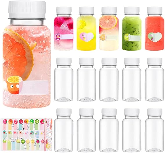 15 Pcs Juice Bottles with Lids,100ml Plastic Shot Bottles with Lids | BPA Free PET Plastic Reusable Small bottles with lids for Smoothie Milk Juice Drinks - Includes Fruit Stickers (Black)