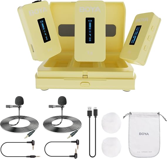BOYA BY-XM6-K2Y Dual Wireless Lavalier Microphone System with 2 Transmitters for DSLR Camera Camcorder Smartphones in Vlog YouTube Video Facebook Live (Yellow)
