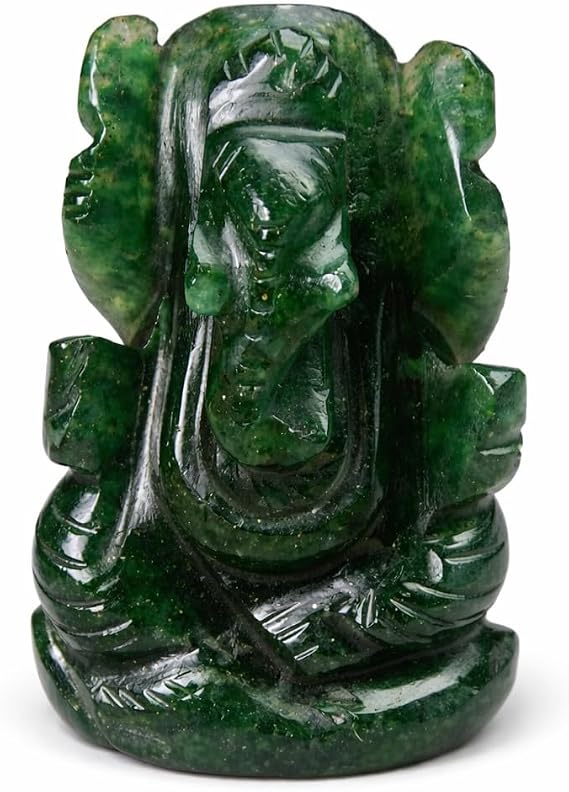 Natural Dark Green Aventurine Gemstone Ganesha Handcarved Statue Sculpture for Good Luck & Fortune.