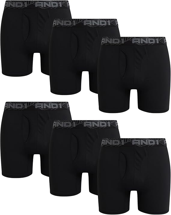 AND1 Mens Boxer Briefs 6 Pack Performance Boxers with Fly Pouch, 6" Inseam | Advanced Moisture-Wicking Technology Keeps You Cool, Dry, and Supported Through Every High-Performance Move
